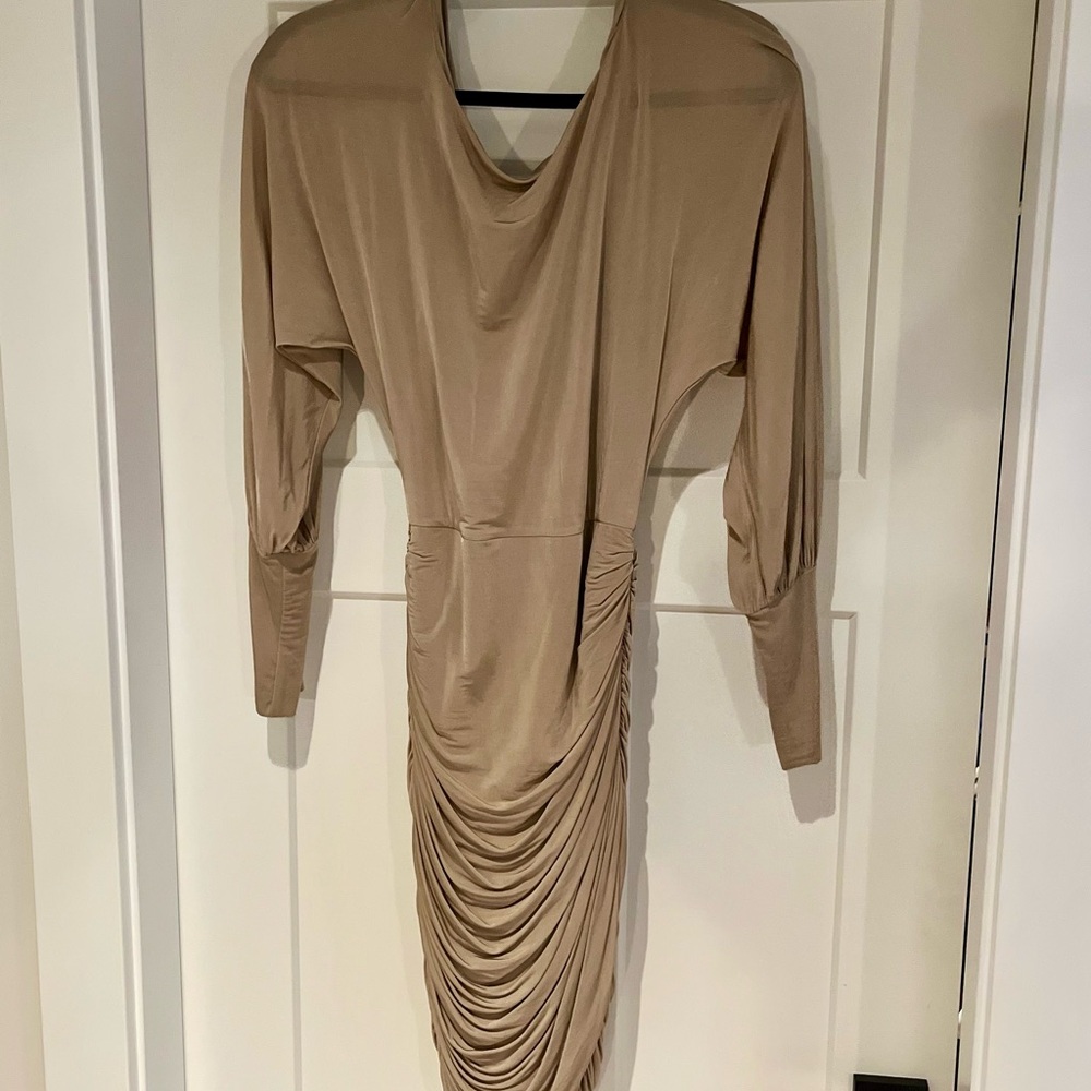 Elegant Tan Bebe Long Sleeve Cocktail pDress